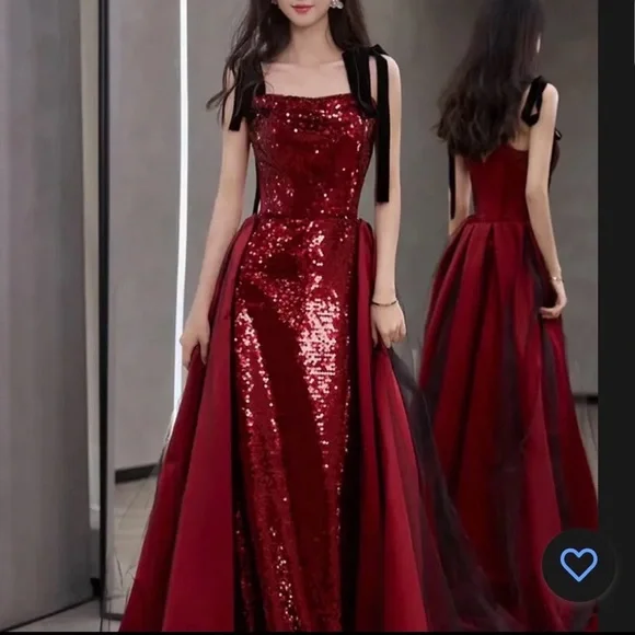 Elegant Wine / Burgundy Sequin Evening / Prom Dress with Satin Train